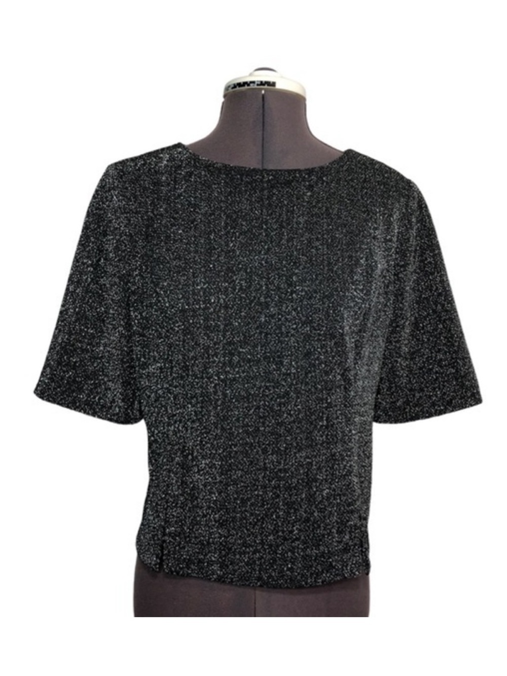 Praise Hymn Vintage Made Usa Black Silver Glitter Knit Short Sleeve Zip Blouse M